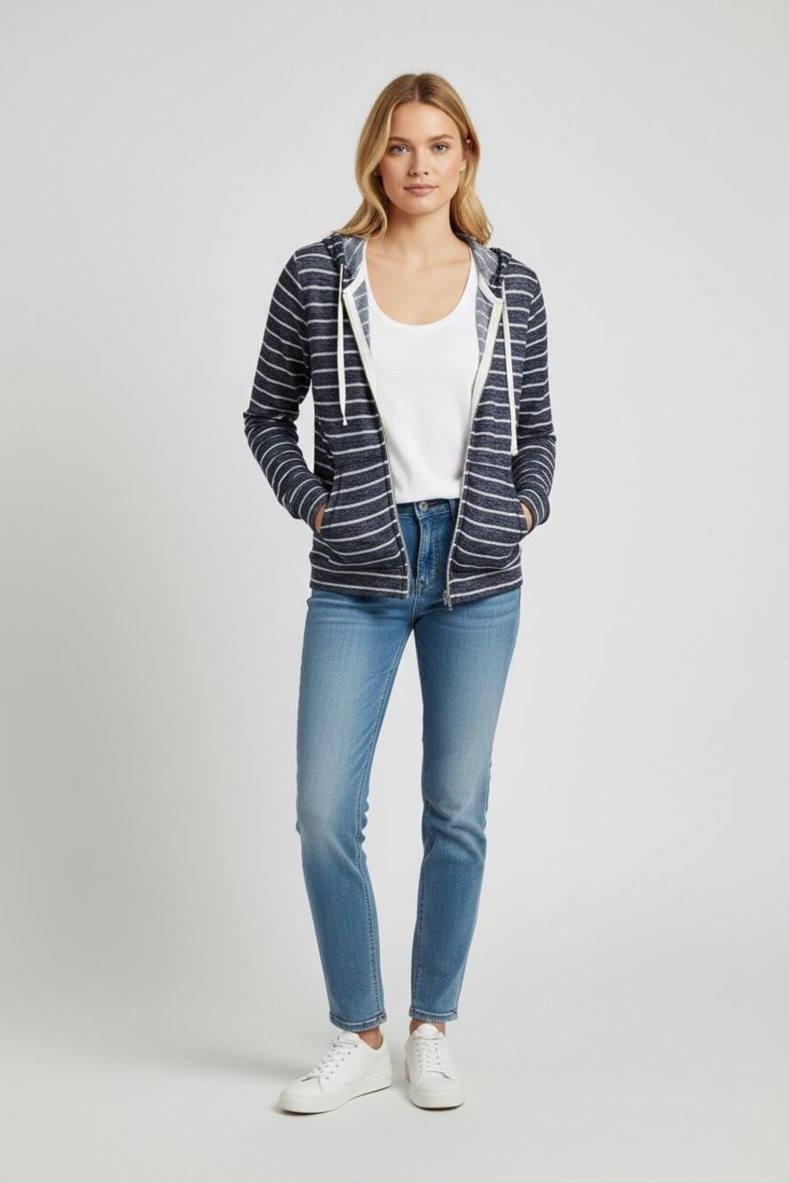 Abercrombie & Fitch Navy Blue White Striped Full Zip Up Long Sleeve Hoodie Sz XS